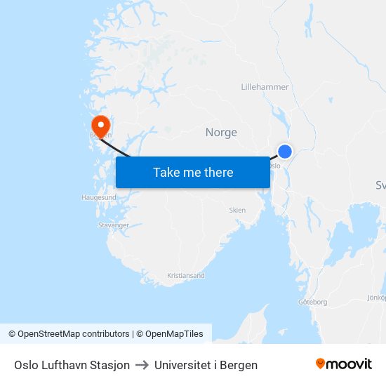 Oslo Lufthavn Stasjon to Universitet i Bergen map