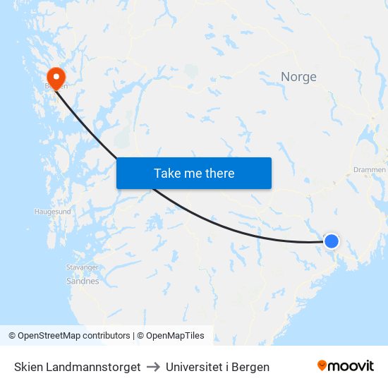 Skien Landmannstorget to Universitet i Bergen map