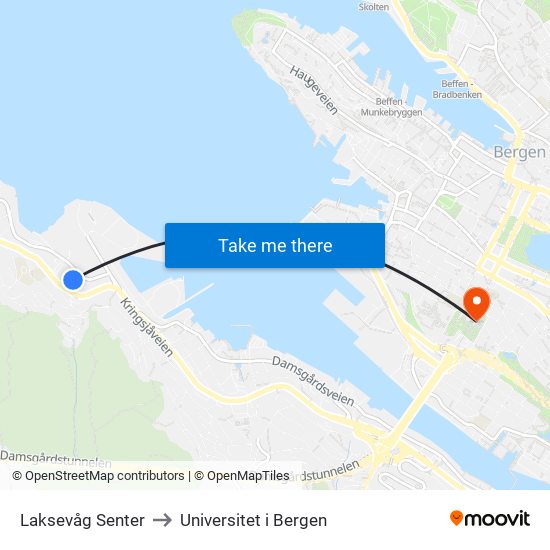 Laksevåg Senter to Universitet i Bergen map