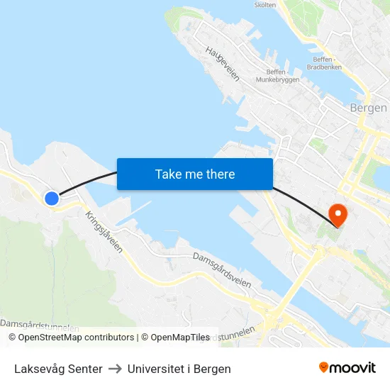Laksevåg Senter to Universitet i Bergen map