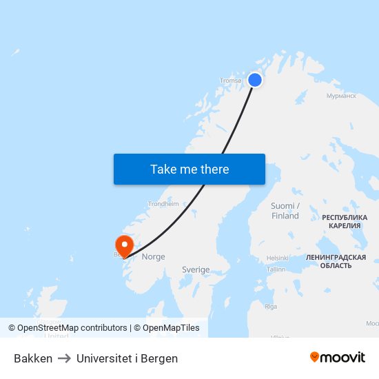 Bakken to Universitet i Bergen map