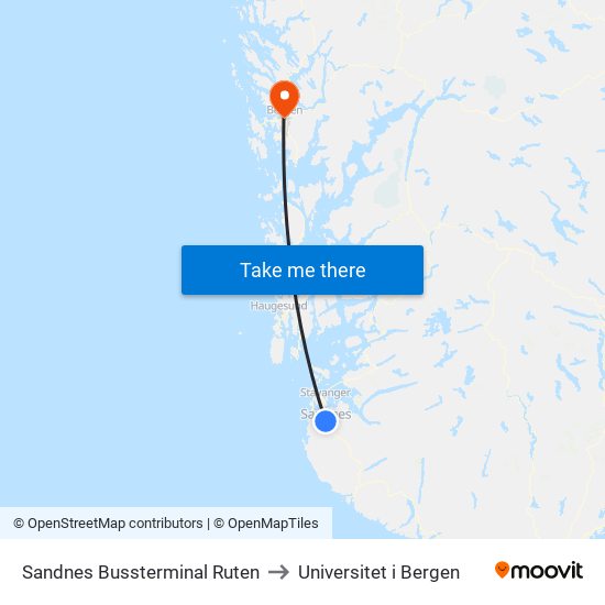 Sandnes Bussterminal Ruten to Universitet i Bergen map