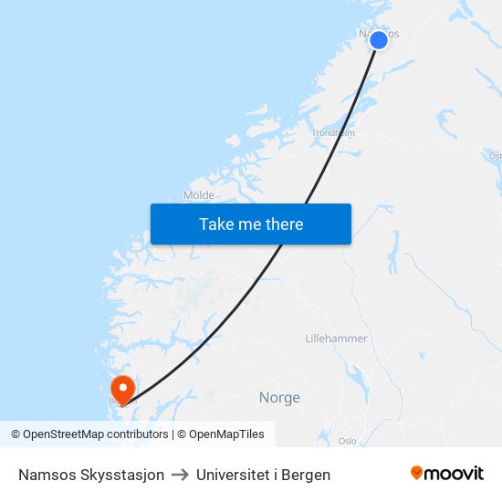 Namsos Skysstasjon to Universitet i Bergen map