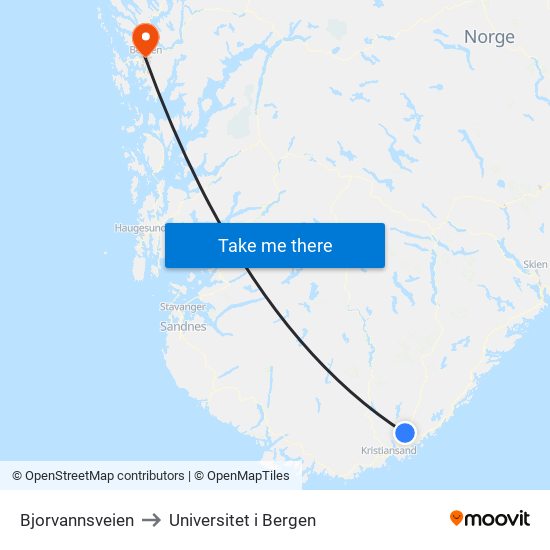 Bjorvannsveien to Universitet i Bergen map