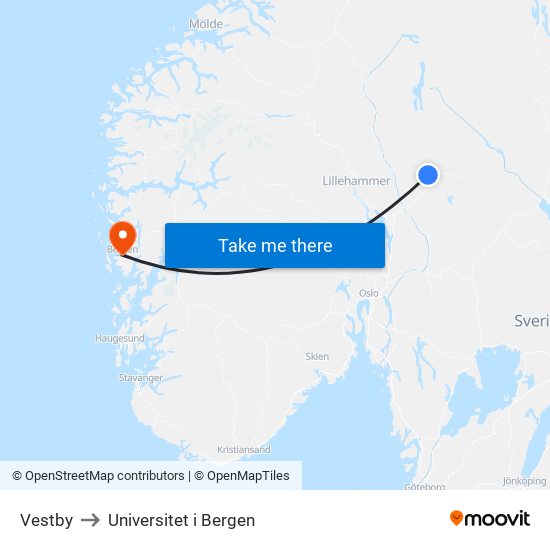 Vestby to Universitet i Bergen map