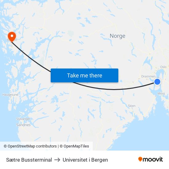 Sætre Bussterminal to Universitet i Bergen map