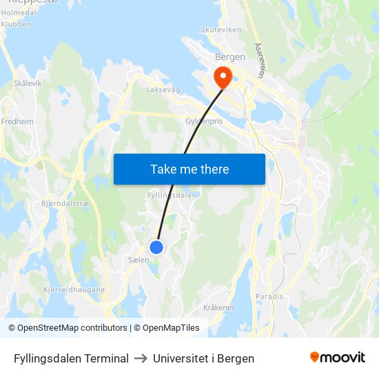 Fyllingsdalen Terminal to Universitet i Bergen map