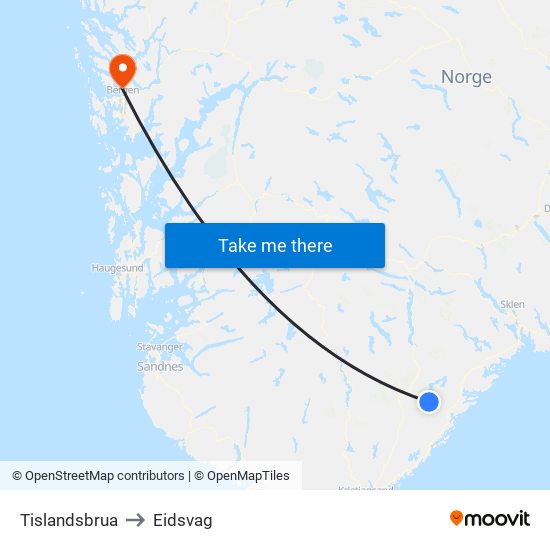 Tislandsbrua to Eidsvag map