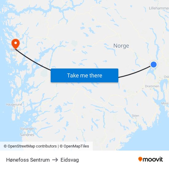 Hønefoss Sentrum to Eidsvag map