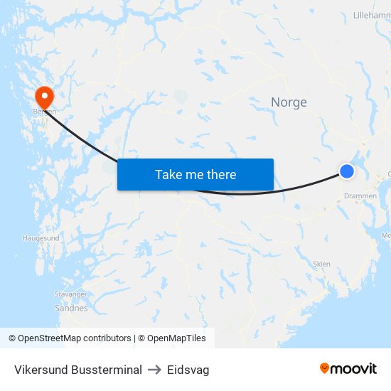 Vikersund Bussterminal to Eidsvag map