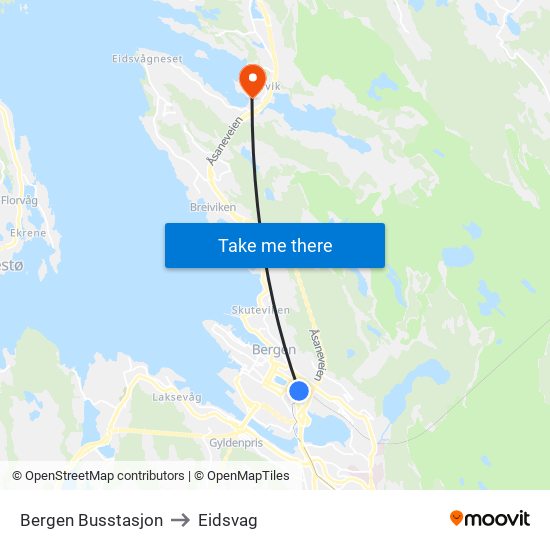 Bergen Busstasjon to Eidsvag map