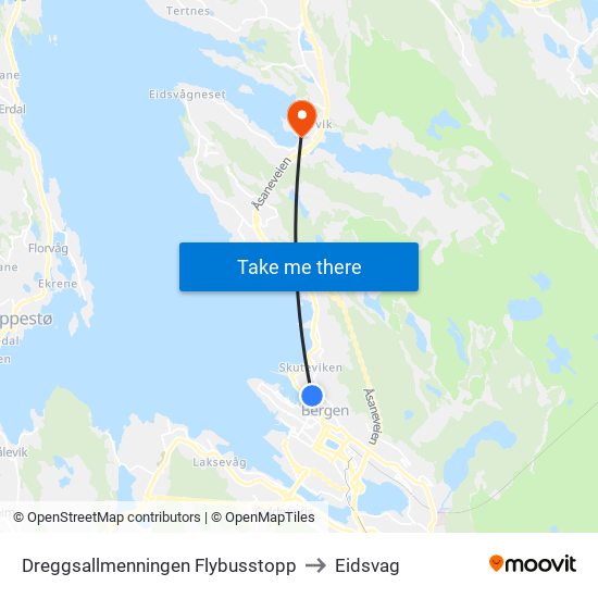 Dreggsallmenningen Flybusstopp to Eidsvag map