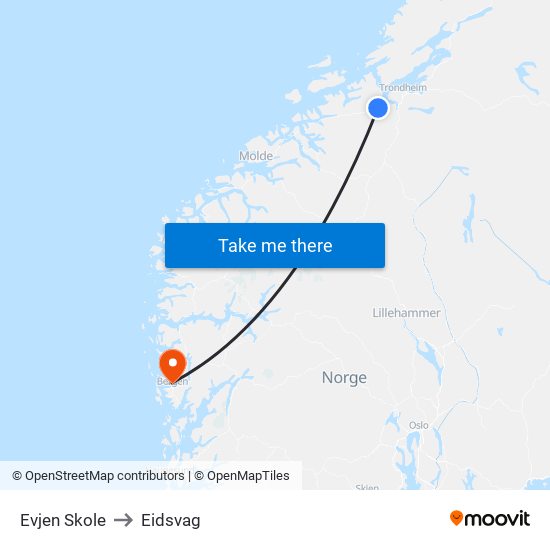 Evjen Skole to Eidsvag map