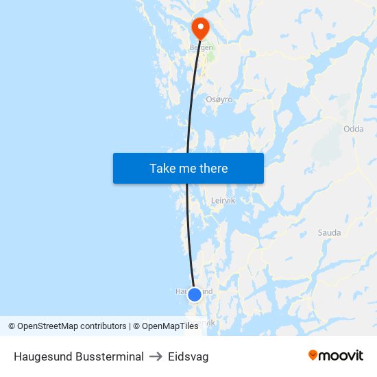 Haugesund Bussterminal to Eidsvag map