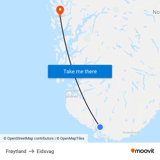 Frøytland to Eidsvag map