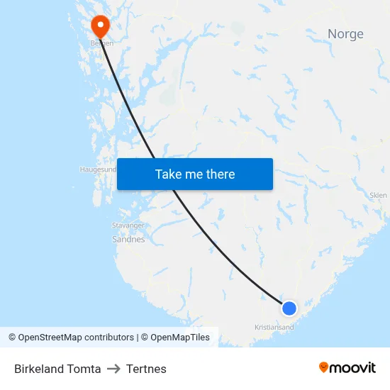 Birkeland Tomta to Tertnes map