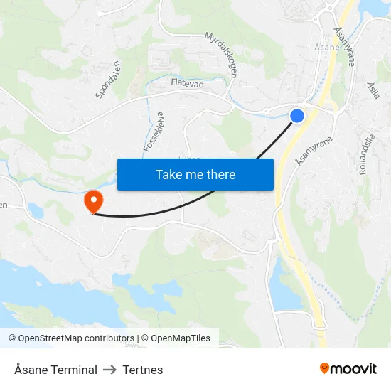 Åsane Terminal to Tertnes map