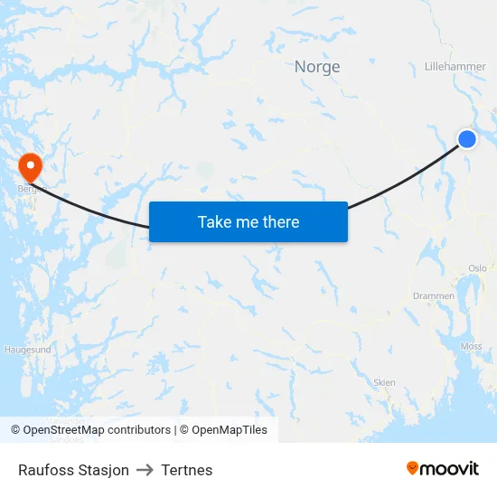 Raufoss Stasjon to Tertnes map