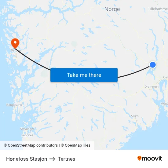 Hønefoss Stasjon to Tertnes map