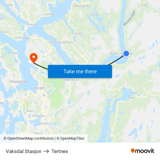 Vaksdal Stasjon to Tertnes map