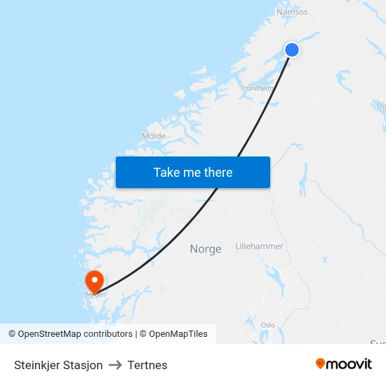 Steinkjer Stasjon to Tertnes map