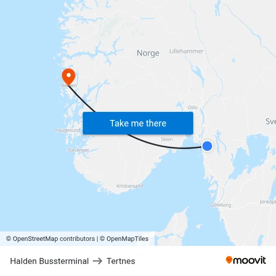 Halden Bussterminal to Tertnes map