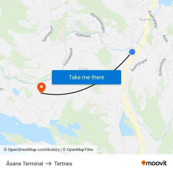 Åsane Terminal to Tertnes map
