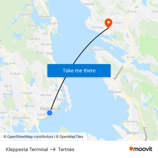 Kleppestø Terminal to Tertnes map