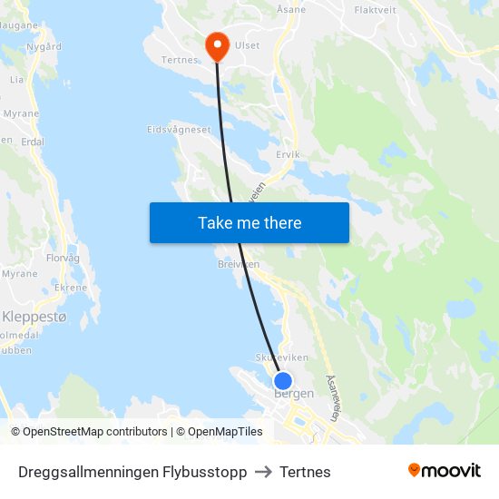 Dreggsallmenningen Flybusstopp to Tertnes map