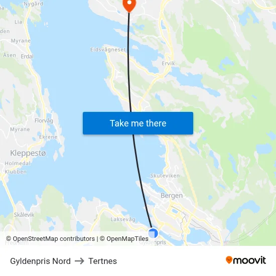 Gyldenpris Nord to Tertnes map