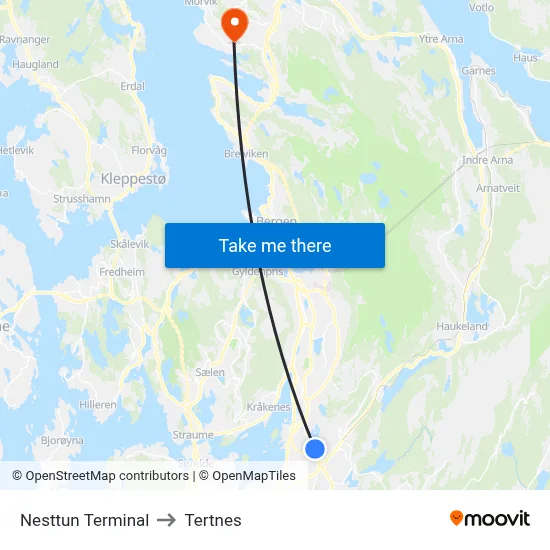 Nesttun Terminal to Tertnes map