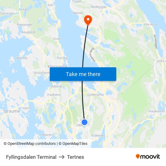 Fyllingsdalen Terminal to Tertnes map