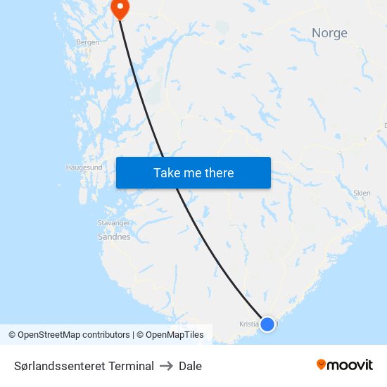 Sørlandssenteret Terminal to Dale map