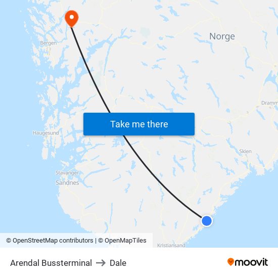 Arendal Bussterminal to Dale map