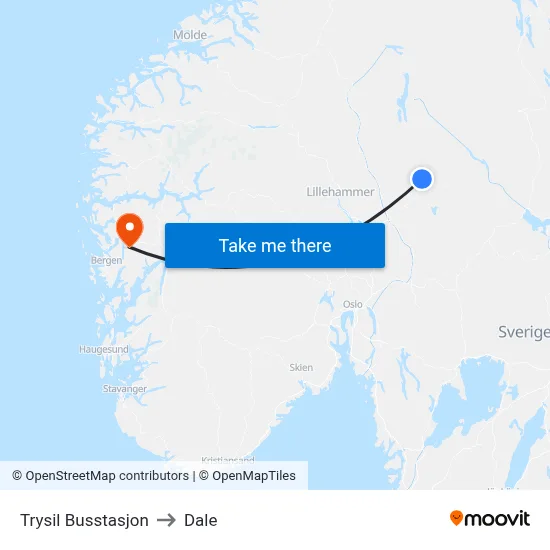 Trysil Busstasjon to Dale map