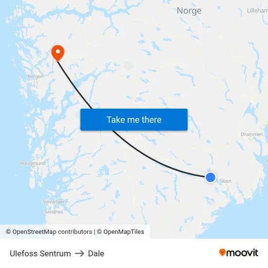 Ulefoss Sentrum to Dale map