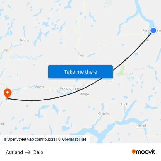Aurland to Dale map