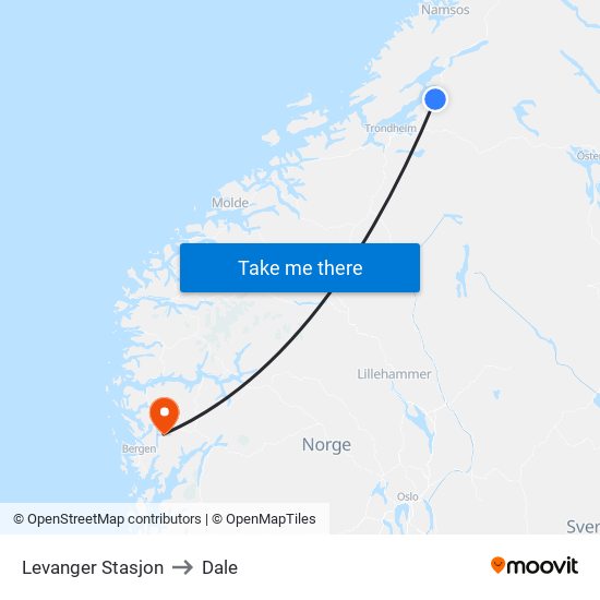 Levanger Stasjon to Dale map