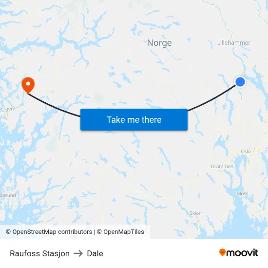 Raufoss Stasjon to Dale map
