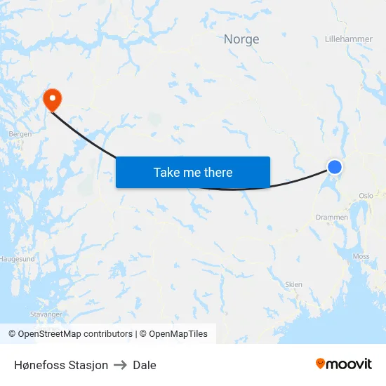 Hønefoss Stasjon to Dale map