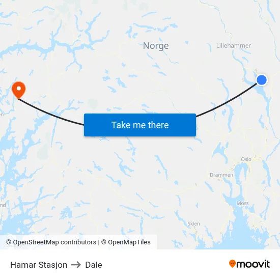 Hamar Stasjon to Dale map