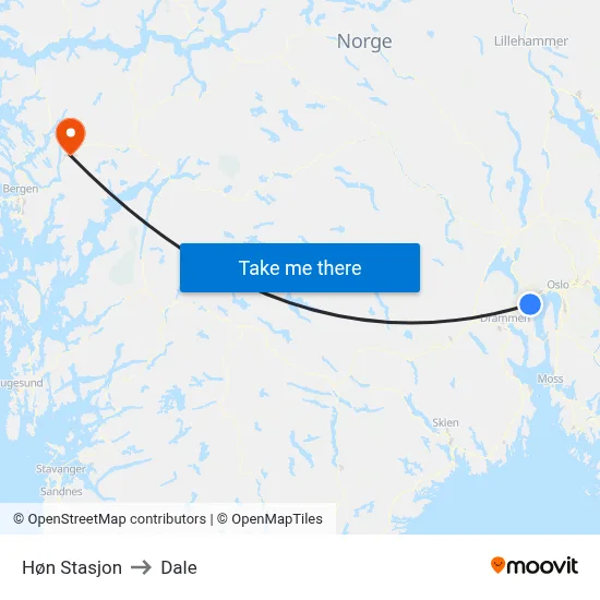 Høn Stasjon to Dale map