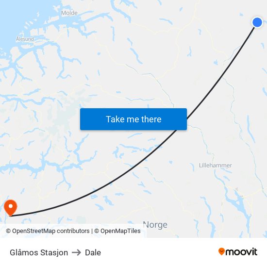 Glåmos Stasjon to Dale map