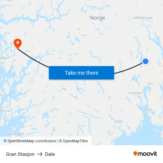 Gran Stasjon to Dale map