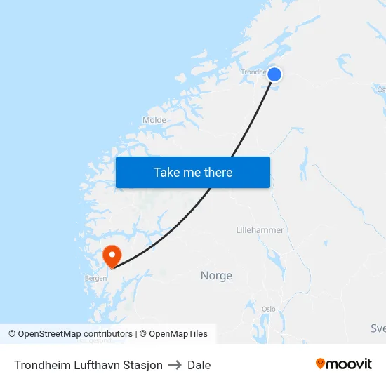 Trondheim Lufthavn Stasjon to Dale map