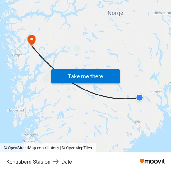 Kongsberg Stasjon to Dale map