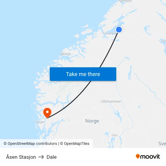Åsen Stasjon to Dale map