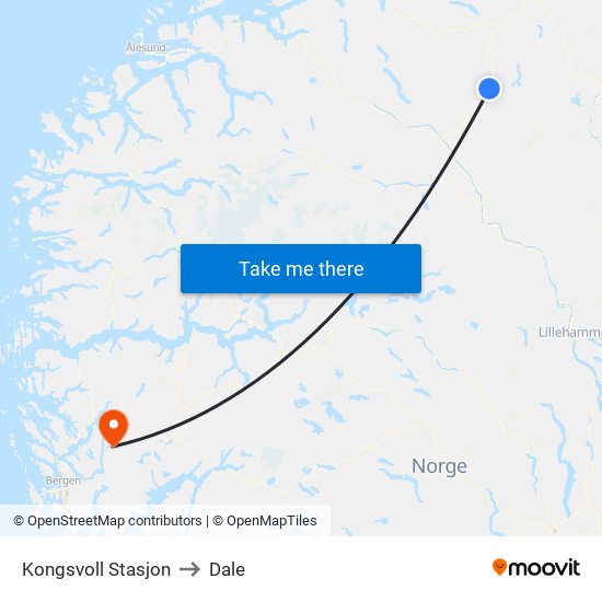 Kongsvoll Stasjon to Dale map