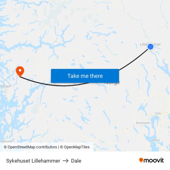 Sykehuset Lillehammer to Dale map