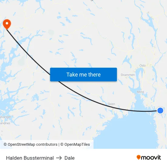 Halden Bussterminal to Dale map
